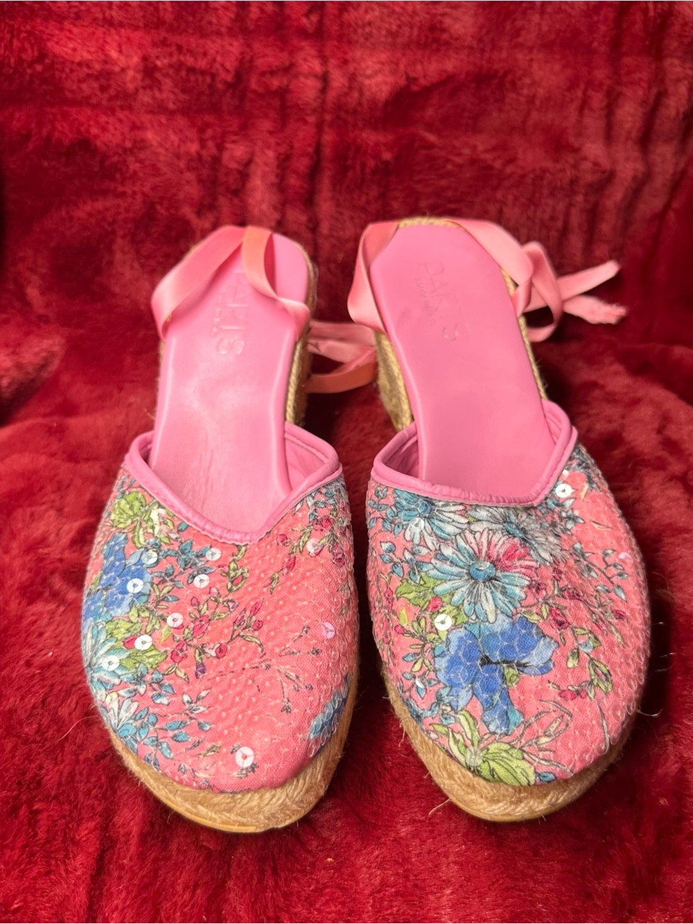 PARTS Italy Pink Floral Beaded Espadrille Wedges Size 8 (Marked 39 Runs Small)